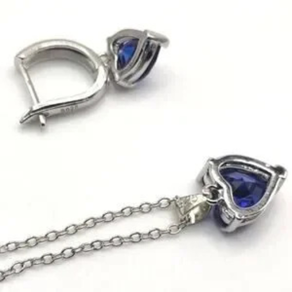 925 Sterling Silver Necklace Ring Earring Set Blue Synthetic Heart Gemstones New